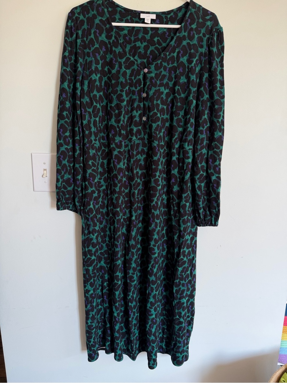 J.Jill Green and Black Leopard Print Long-Sleeve Dress Animal Print